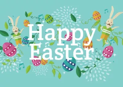 Happy Easter Greeting with Bunnies and Eggs Postcards