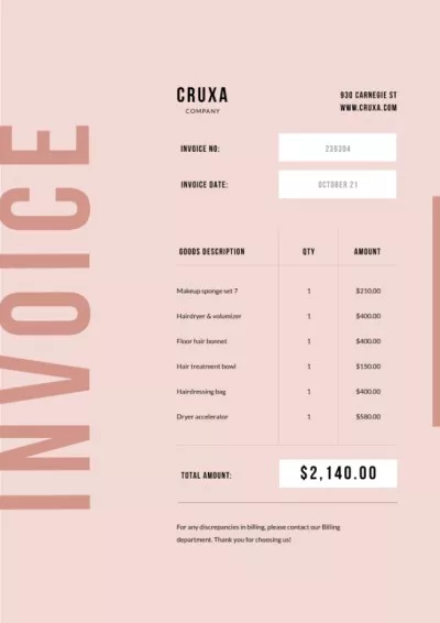 Makeup Services in Pink Invoices