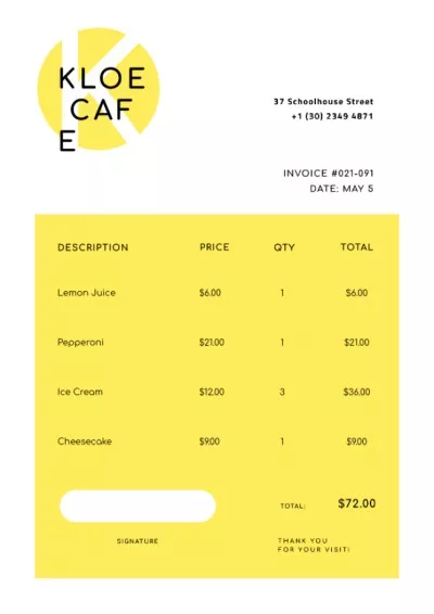 Cafe Sign on Yellow Invoices