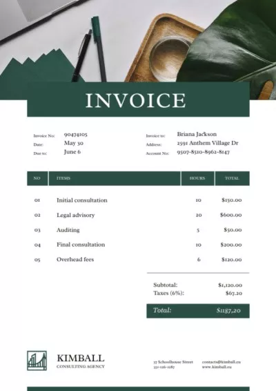 Consulting Company services on Working Table Invoices
