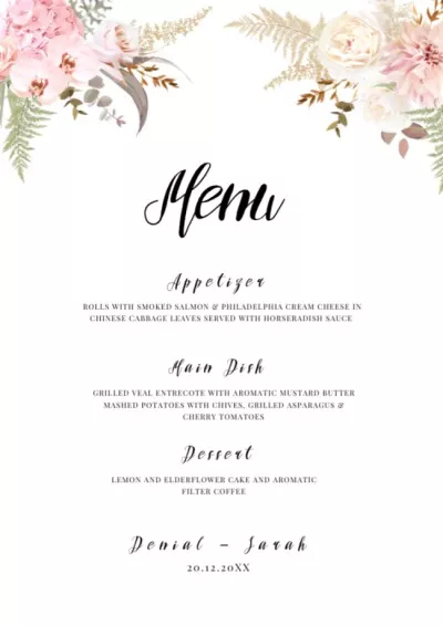 Wedding Meal list with leaf Wedding Menus Maker