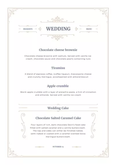 Wedding Desserts list Wedding Menus Maker