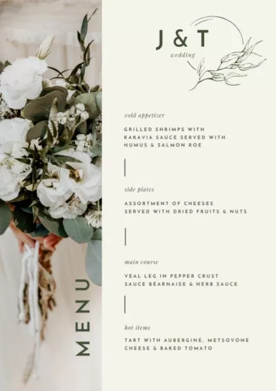 Food Dishes Offer with Tender White Peonies Wedding Menus Maker