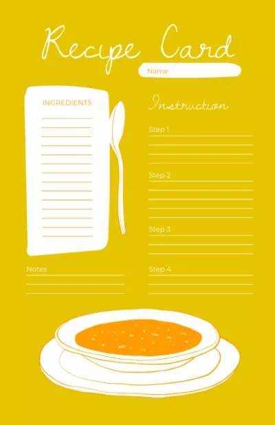 Bowl with Soup on Yellow Recipe Cards