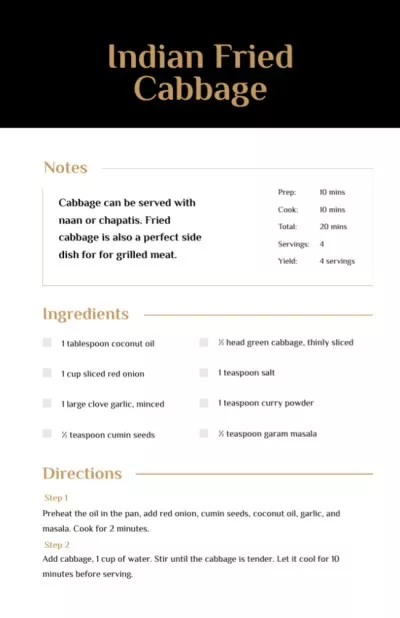 Indian Fried Cabbage Recipe Cards
