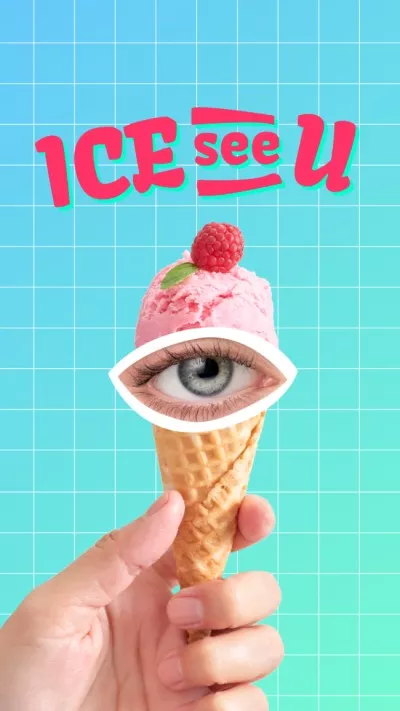 Funny Illustration with Human Eye on Ice Cream