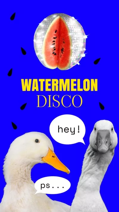 Funny Illustration with Watermelon Disco Ball and Gooses
