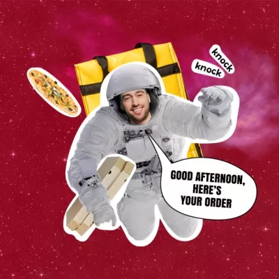 Funny Astronaut Delivery Man with Pizza