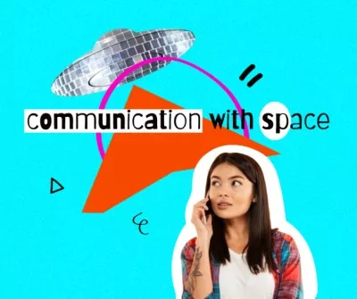 Funny Illustration of Young Girl communicating with Disco Ufo