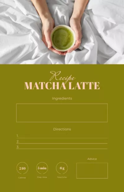 Woman holding tasty Matcha Latte Recipe Cards