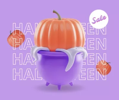 Halloween Sale Announcement with Pumpkin in Cauldron