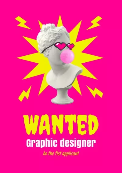 Graphic Designer Vacancy Ad with Funny Statue