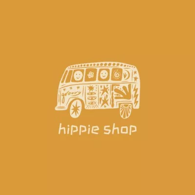 Hippie Shop Offer with Cute Bus Travel Logos