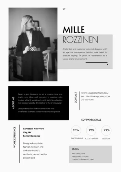 Resume For Fashion Designer in Black&White Style Modern Resume Creator