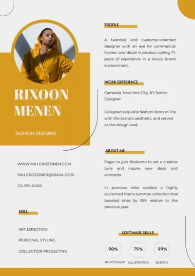 Fashion Designer Resume with Yellow Design Modern Resume Creator