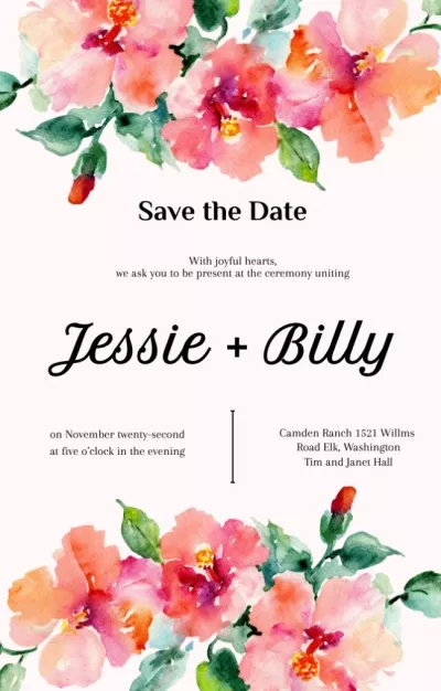 Save the Date of Wedding Ceremony on Watercolor Floral Engagement Invitations