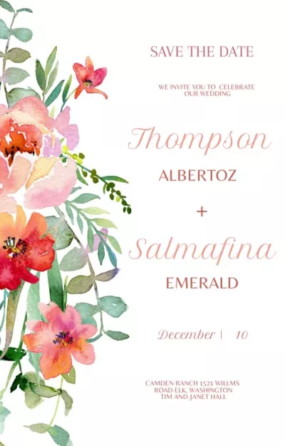 Save the Date of Wedding Ceremony on Watercolor Floral Engagement Invitations