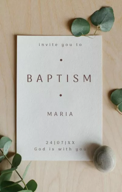 Child's Baptism Announcement with Green Plant Leaves Baptism Invitations