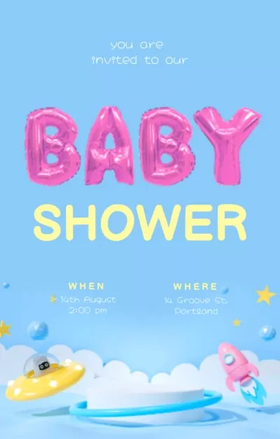 Baby Shower Announcement With Cartoon Spaceship Birthday Invitations