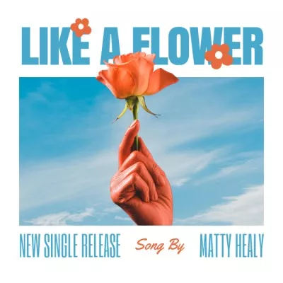 red colored hand holding rose with white frame and blue text Spotify Playlist Cover
