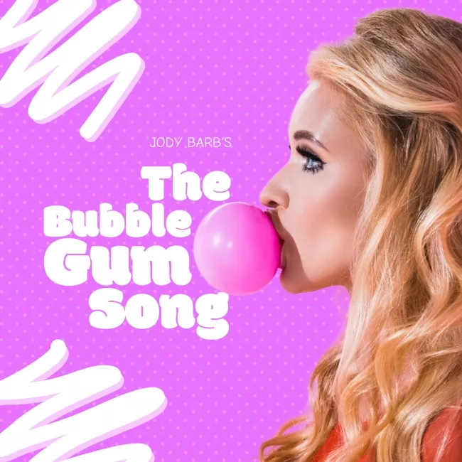 blonde woman with bubblegum on pink pattern with white lines