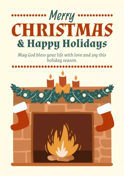 Christmas and New Year Greeting with warm decorated fireplace Winter Posters