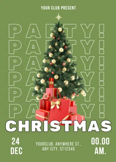 Christmas Party Announcement with Tree and Presents in Green