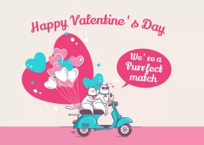 Happy Valentine's Day Greetings with Cute Cats on Scooter Valentine’s Day Cards