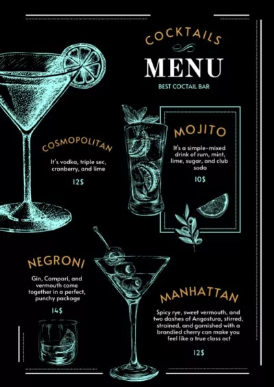 Cocktails Stylish Black Drink Menus Maker
