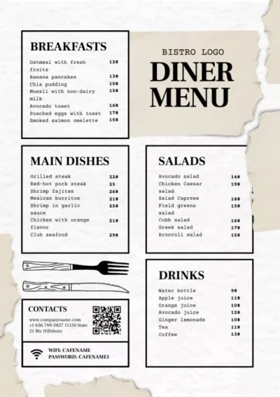 Bistro or Diner Dishes and Drinks Plain Price List