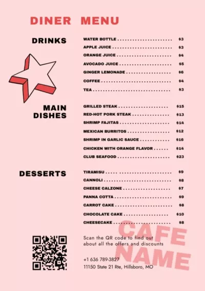 Retro Style Pink Plain Diner or Cafe Price List