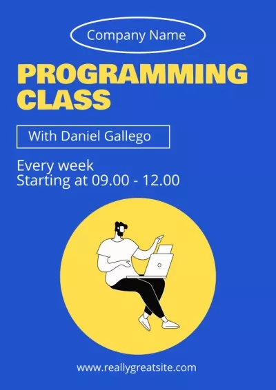 Programming Class Ad with Illustration of Man with Laptop Student council Posters