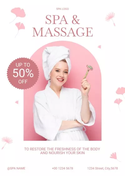 Spa and Massage Center Ad with Smiling Young Woman Pharmacy Posters