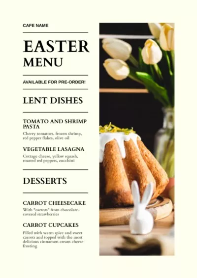 Offer of Easter Meals with Sweet Cake and Tulips in Vase Bakery Menus Maker