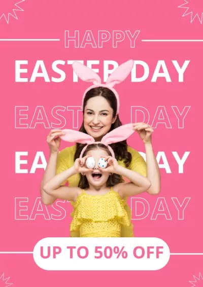 Easter Discount Offer with Happy Mother Touching Bunny Ears of Daughter Funny Posters