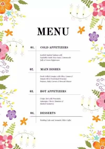 Wedding Dishes List on Cartoon Floral Pattern Menu Maker