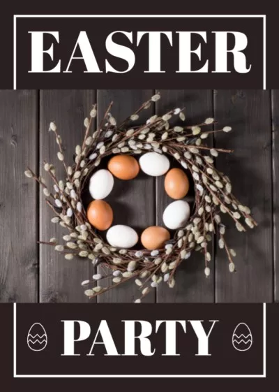 Easter Party Announcement with Eggs and Catkins Wreath Party Flyers