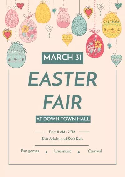 Easter Fair Announcement with Hanging Easter Eggs and Hearts Easter Posters