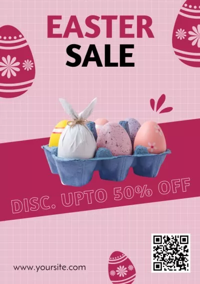 Easter Sale Announcement with Painted Easter Eggs in Egg Tray on Pink Sale Posters