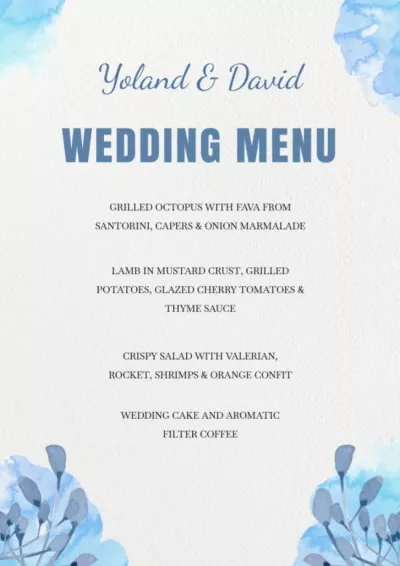 Wedding Food List with Blue Watercolor Floral Elements Menu Maker
