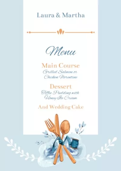 Watercolor Illustrated Wedding Course List on Blue Wedding Menus Maker