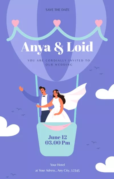 Wedding Invitation with Illustration of Bride and Groom in Hot Air Balloon Bridal Shower Invitations