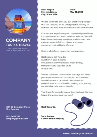 Purple Document with Travel Agency Offer Letterheads