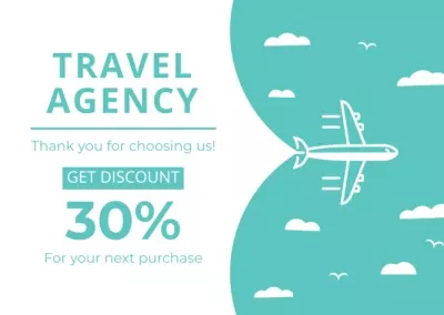 Travel Agency's Discount Offer on Blue and White Thank You Cards