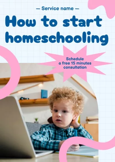 Homeschooling Kids with Cute Curly Boy Babysitting Flyers