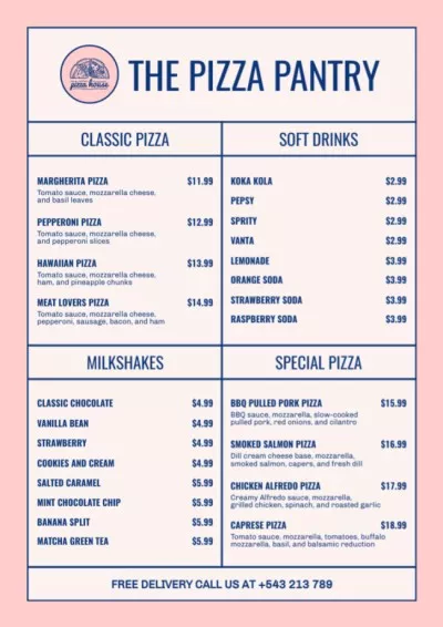Various Pizza And Drinks In Pizzeria Offer Price List