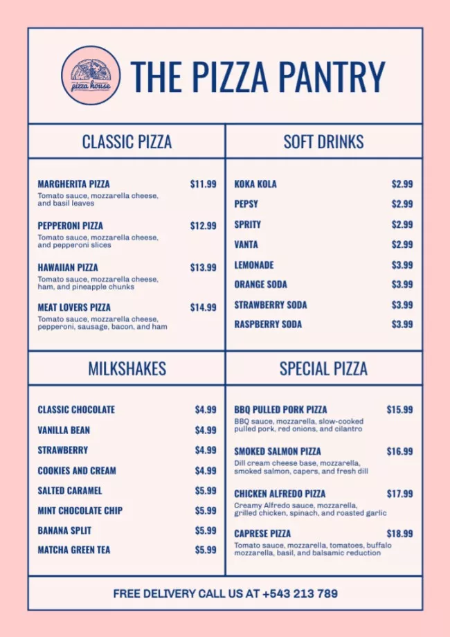 Various Pizza And Drinks In Pizzeria Offer