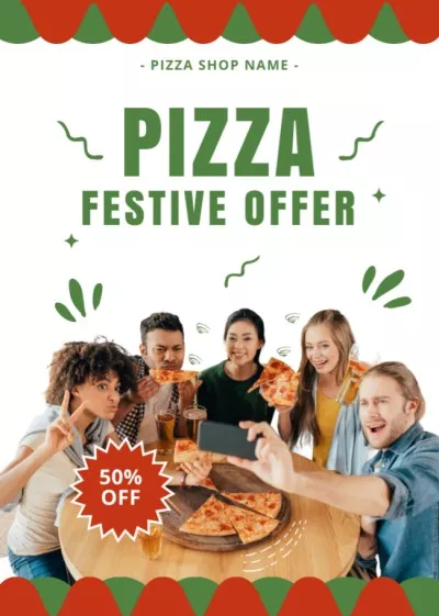 Happy Friends And Pizza With Discount In Pizzeria Restaurant Flyers