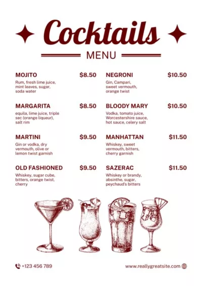 Alcohol Drinks Price-List with Sketch Illustration Drink Menus Maker