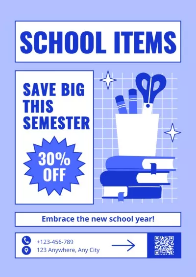 School Supplies Sale with Stationery on Blue School Posters